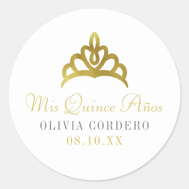 Pegatina Redonda Faux de oro Relieve metalizado Tiara Quinceañera (Anverso)