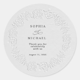 Pegatina Redonda Faux Embossed White Roses Wedding Sticker