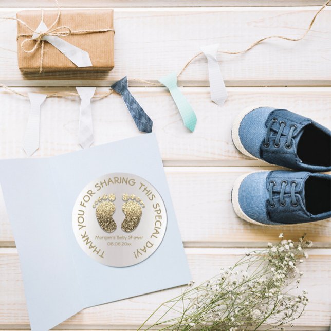 Pegatina Redonda Faux Gold Heart Feet Baby Shower Favor Gracias (Subido por el creador)