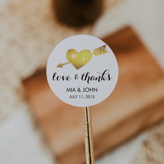Pegatina Redonda Faux Gold Heart Gracias Monograma Wedding Favor (Subido por el creador)