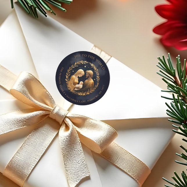 Pegatina Redonda Faux Gold Holy Family Nativity Exquisite Christmas (Faux Gold Holy Family Nativity Exquisite Contemporary Christmas Cards with Return Address Stickers.)