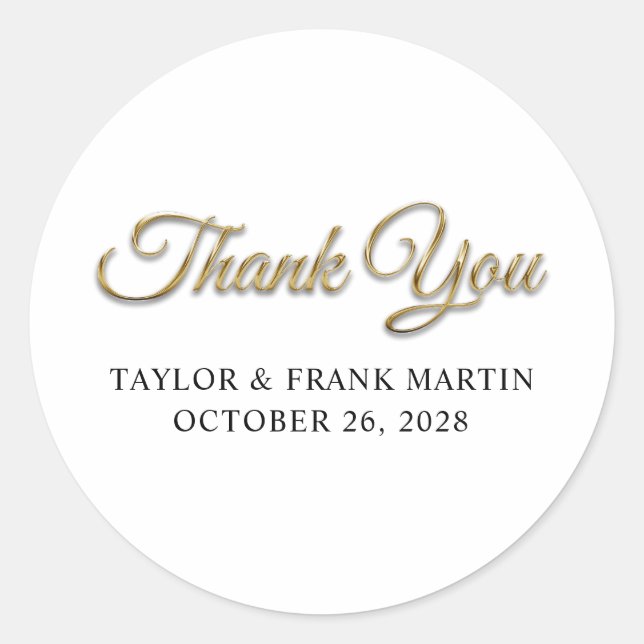 Pegatina Redonda Faux Gold Metallic Wedding Thank You (Anverso)