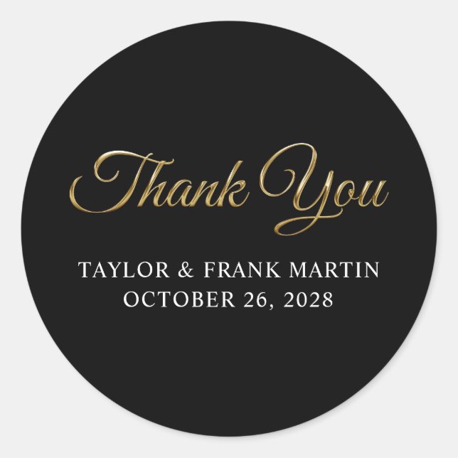 Pegatina Redonda Faux Gold Metallic Wedding Thank You Black (Anverso)