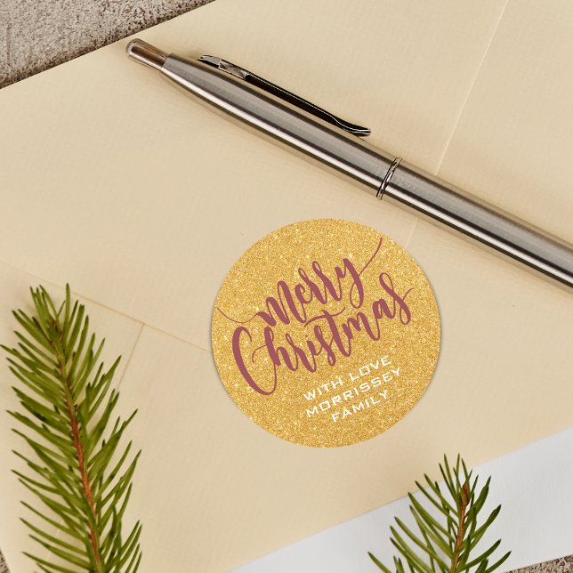Pegatina Redonda Faux Gold Purpurina Merry Christmas Personalizado (Gold Glitter Print Merry Christmas Personalized Classic Round Sticker)