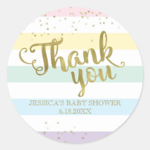 Pegatina Redonda Faux Gold Rainbow Stripes Baby Shower Gracias