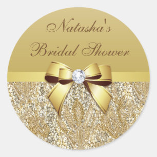 Pegatina Redonda Faux Gold Sequins Bow Diamond Bridal Shower