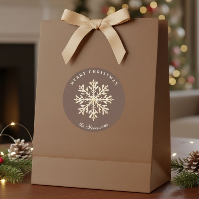 Pegatina Redonda Faux Gold Snowflake Brown Custom Holiday (Subido por el creador)