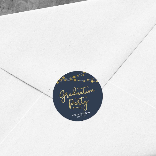Pegatina Redonda Faux Gold Strings of Lights Blue Graduation Party (Subido por el creador)