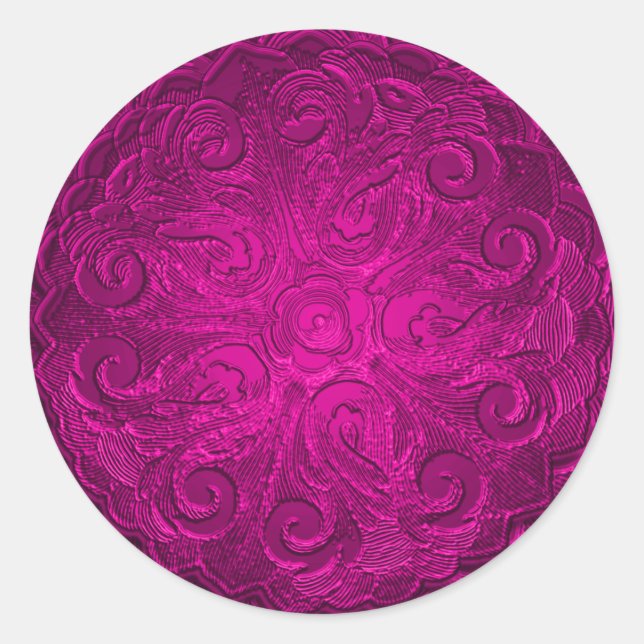 Pegatina Redonda Faux Grabado en relieve look Ornate Seal, Hot Pink (Anverso)