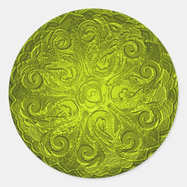 Pegatina Redonda Faux Grabado en relieve Look Ornate Seal, Lime (Anverso)