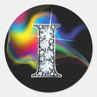 Pegatina Redonda Faux "I" Diamond Bling on Rainbow Swirl Heart