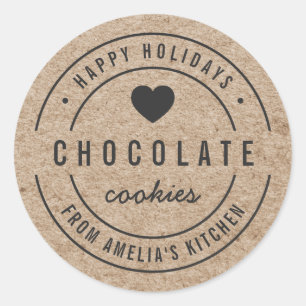 Pegatina Redonda Faux Kraft Bienes caseros Cocina Felices Fiestas