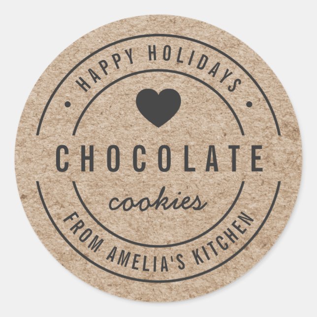 Pegatina Redonda Faux Kraft Bienes caseros Cocina Felices Fiestas (Anverso)