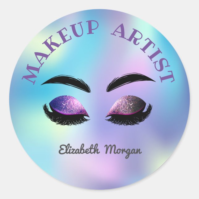 Pegatina Redonda Faux Lashes purpurinas, Holografía irlandesa, maqu (Anverso)