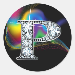 Pegatina Redonda Faux "P" Diamond Bling on Rainbow Swirl Heart