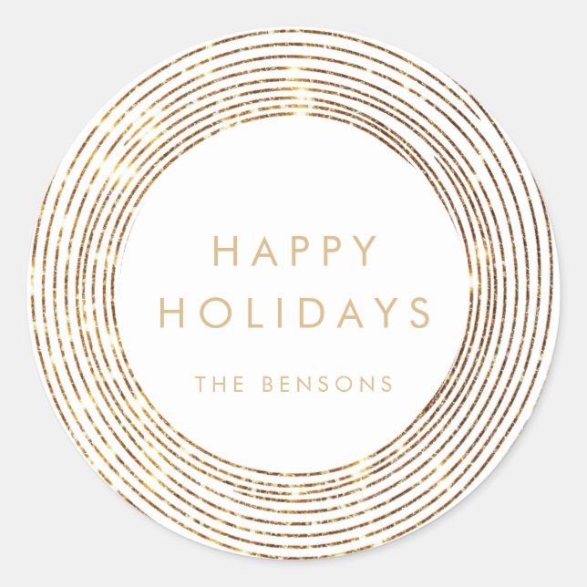 Pegatina Redonda Faux Purpurina Gold Círculos Felices Fiestas (Anverso)