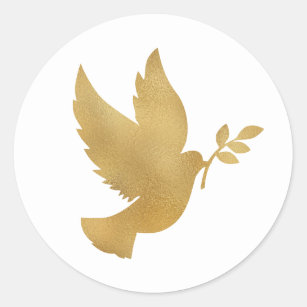 Pegatina Redonda Faux Relieve metalizado dorado Peace Dove con Oliv