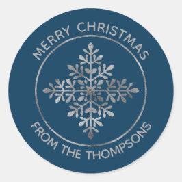 Pegatina Redonda Faux Relieve metalizado plateado Snowflake On Blue