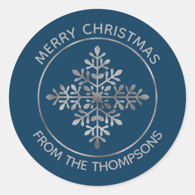 Pegatina Redonda Faux Relieve metalizado plateado Snowflake On Blue (Anverso)