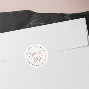 Pegatina Redonda Faux Rosa Gold Brush Lettered Save the Date