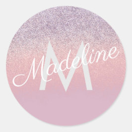 Pegatina Redonda Faux rosa y purpura brillantes letras monogramadas