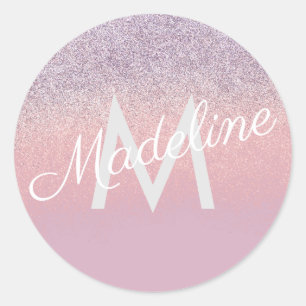 Pegatina Redonda Faux rosa y purpura brillantes letras monogramadas