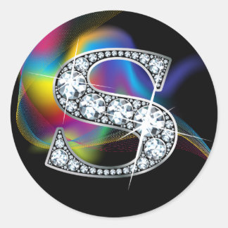 Pegatina Redonda Faux "S" Diamond Bling on Rainbow Swirl Heart