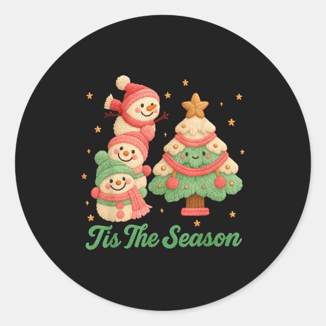 Pegatina Redonda Faux Yarn Crochet Snowman And Christmas Tree  (Anverso)