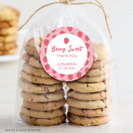 Pegatina Redonda Favor Baby Shower de fresa rosa