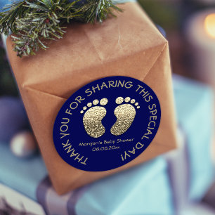 Pegatina Redonda Favor Baby Shower de la Marina Gold Heart Feet