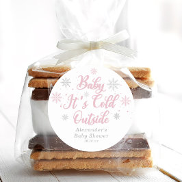 Pegatina Redonda Favor Baby Shower de Pink Winter Wonderland