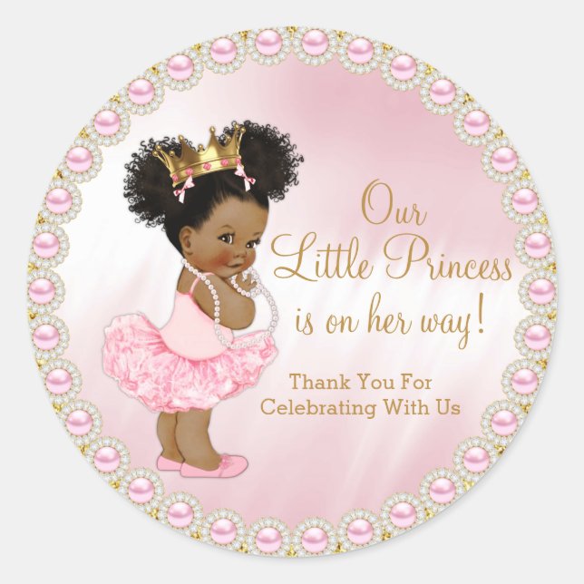Pegatina Redonda Favor Baby Shower de Princesa Afro Oro Rosa (Anverso)