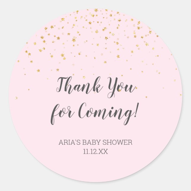 Pegatina Redonda Favor Baby Shower rosado de Confetti dorado (Anverso)
