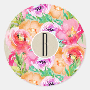 Pegatina Redonda Favor Chic Kraft de Acuarela Floral Brillante Mode