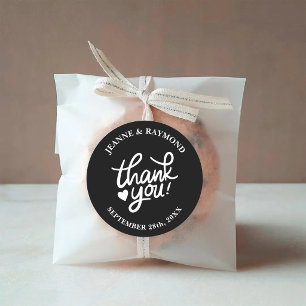 Pegatina Redonda Favor de agradecimiento de boda con caligrafía neg