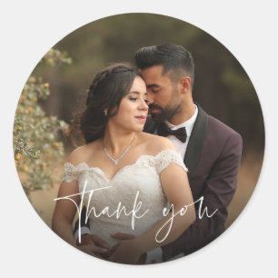 Pegatina Redonda Favor de agradecimiento de foto de boda con guión