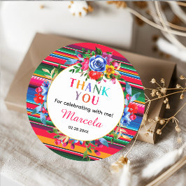 Pegatina Redonda Favor de agradecimiento floral y serape mexicano c