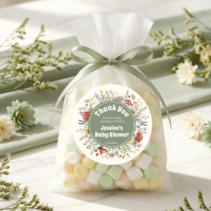 Pegatina Redonda Favor de agradecimiento para baby shower de hongos