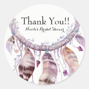 Pegatina Redonda Favor de atrapasueños de plumas bohemias Chic Boho