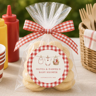 Pegatina Redonda Favor de Baby-Q Gingham Rojo para Fiesta de Bebé C
