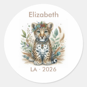 Pegatina Redonda Favor de Baby Shower Boho Safari Leopardo