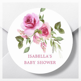 Pegatina Redonda Favor de Baby Shower con flores rosadas