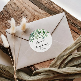 Pegatina Redonda Favor de Baby Shower con Follaje de Eucalipto Verd