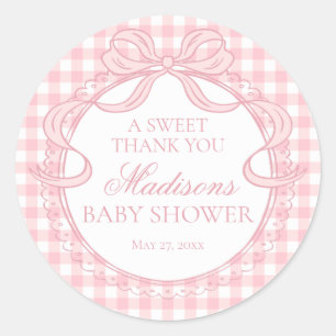 Pegatina Redonda Favor de Baby Shower con Lazo Coquette de Gingham