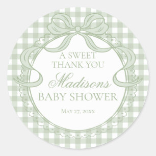 Pegatina Redonda Favor de Baby Shower con lazo Coquette de gingham 