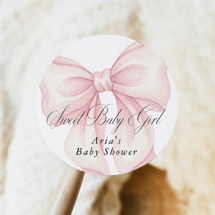 Pegatina Redonda Favor de baby shower con lazo rosa, dulce bebé niñ