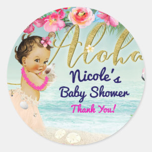 Pegatina Redonda Favor de Baby Shower con tema Hawaiano Retro de Pl