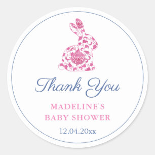 Pegatina Redonda Favor de baby shower conejito chinoiserie rosa Pre