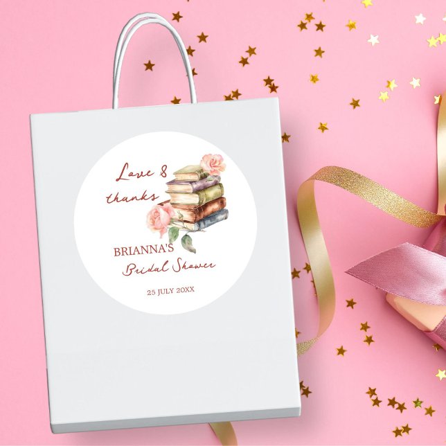 Pegatina Redonda Favor de baby shower de capítulo nuevo de libro de (Story book new chapter bridal shower thank you favor stickers personalized printed favor stickers)
