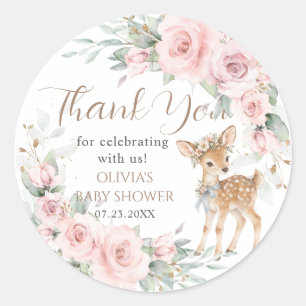 Pegatina Redonda Favor de Baby Shower de Ciervo Dulce con Flores Ro